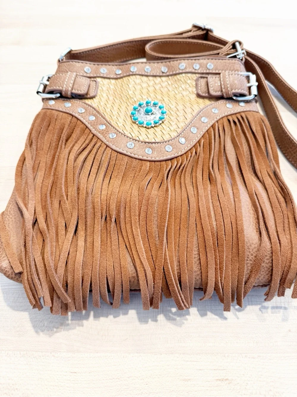 Western Fringe Boho Crossbody Purse turquoise accents Festival